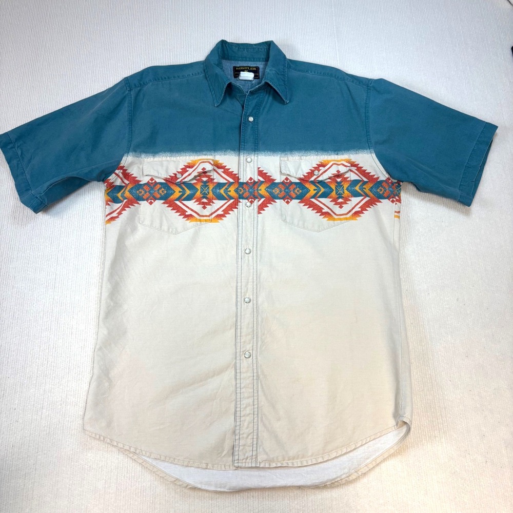 Rustler by Wrangler Mens Teal Cream Southwestern Aztec Pearl Snap Shirt Medium